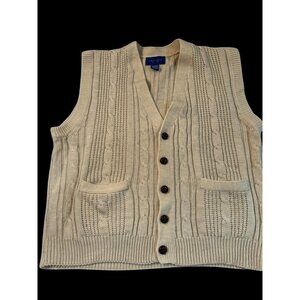 Cable Knit Sleeveless Cardigan Vest XL Pockets & Brown Buttons For Men By Town C